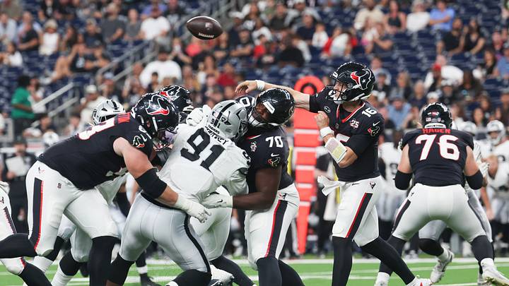 Aug 20, 2026; Houston, Texas, USA;  Houston Texans quarterback Brett Rypien (16) passes against the Las Vegas Raiders in the second half at Reliant Stadium.  Mandatory Credit: Thomas Shea-Imagn Images