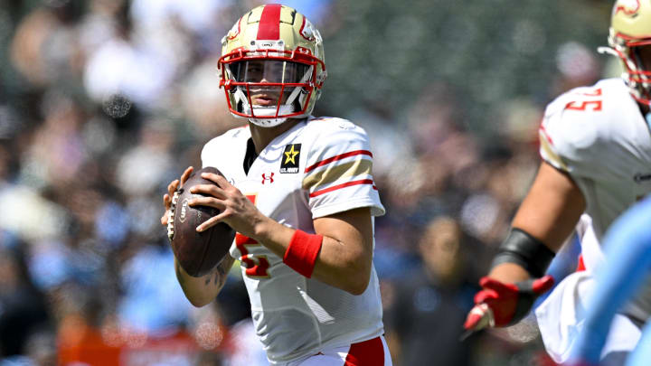 Mar 30, 2024; Arlington, TX, USA; Birmingham Stallions quarterback Matt Corral (2) drops back to pass against the Arlington Renegades during the second half at Choctaw Stadium. Mandatory Credit: Jerome Miron-USA TODAY Sports