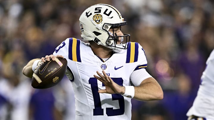 Oct 26, 2024; College Station, Texas, USA; LSU Tigers quarterback Garrett Nussmeier (13) looks to pass the ball during the first quarter against the Texas A&M Aggies at Kyle Field. Mandatory Credit: Maria Lysaker-Imagn Images. 