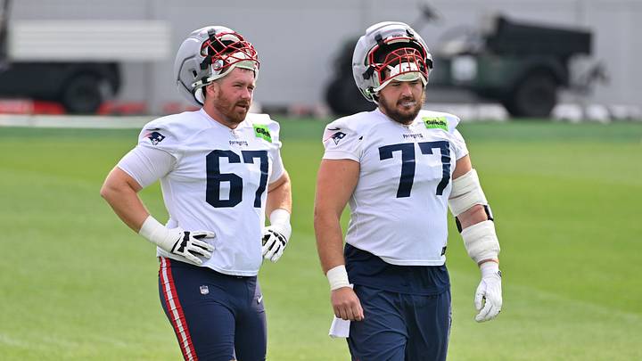 Jul 28, 2026; Foxborough, MA, USA; New England Patriots offensive tackle Andrew Rupcich (67) and center Ben Brown (77) walk to practice for training camp at Gillette Stadium. Mandatory Credit: Eric Canha-Imagn Images Jul 28, 2026; Foxborough, MA, USA; New England Patriots offensive tackle Andrew Rupcich (67) and center Ben Brown (77) walk to practice for training camp at Gillette Stadium. Mandatory Credit: Eric Canha-Imagn Images