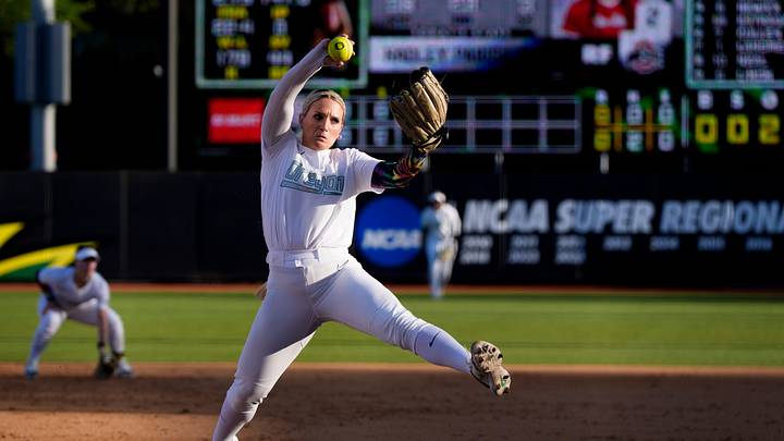 Like a riseball snapped off at 67 miles per hour, the Ducks are steaming into the Big Ten tournament on the strength of 16 straight series wins in regular season conference play. Lyndsey Grein leads a stellar pitching staff with a 25-3 record and a 2.47 ERA.