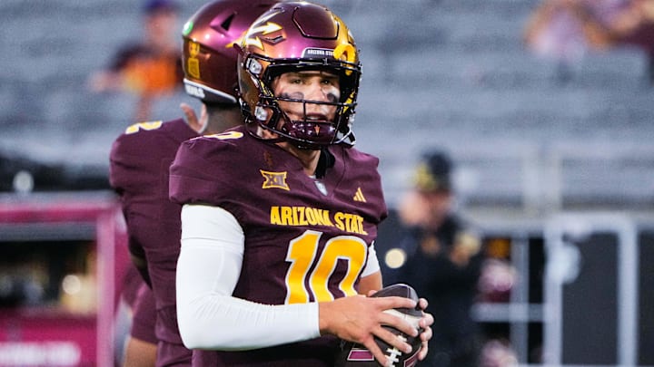 Sep 13, 2025; Tempe, Arizona, USA;  Arizona State Sun Devils quarterback Sam Leavitt (10) warms-up before a game against Texas State Bobcats at Mountain America Stadium. Mandatory Credit: Arianna Grainey-Imagn Images