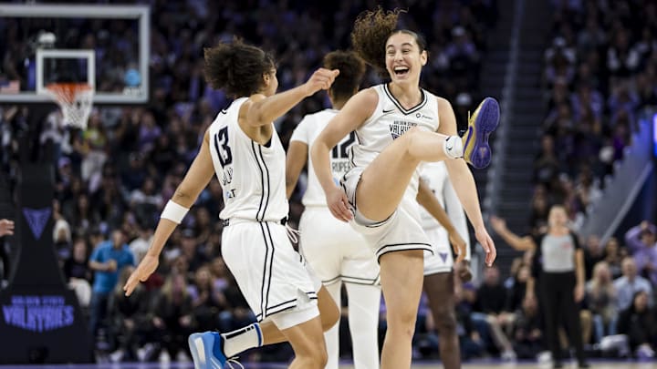 Sep 4, 2025; San Francisco, California, USA;  Golden State Valkyries forward Janelle Salaun (13) is congratulated by guard Carla Leite (0) after she scored against the Dallas Wings during the second half at Chase Center. Mandatory Credit: John Hefti-Imagn Images