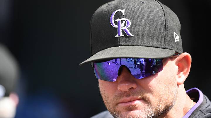 Rockies manager Warren Schaeffer (34) looks on from the bench before the game. Credit: Christopher Hanewinckel-Imagn