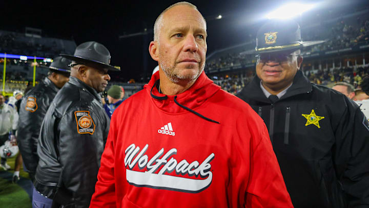 Nov 21, 2024; Atlanta, Georgia, USA; North Carolina State Wolfpack head coach Dave Doeren after a game against the Georgia Tech Yellow Jackets at Bobby Dodd Stadium at Hyundai Field. Mandatory Credit: Brett Davis-Imagn Images