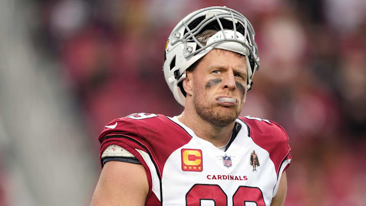 Jan 8, 2023; Santa Clara, California, USA; Arizona Cardinals defensive end J.J. Watt (99) walks on the field during the fourth quarter against the San Francisco 49ers at Levi's Stadium. Mandatory Credit: Darren Yamashita-Imagn Images