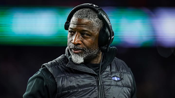 Nov 13, 2025; Foxborough, Massachusetts, USA; New York Jets head coach Aaron Glenn watches from the sideline as they take on the New England Patriots at Gillette Stadium. Mandatory Credit: David Butler II-Imagn Images