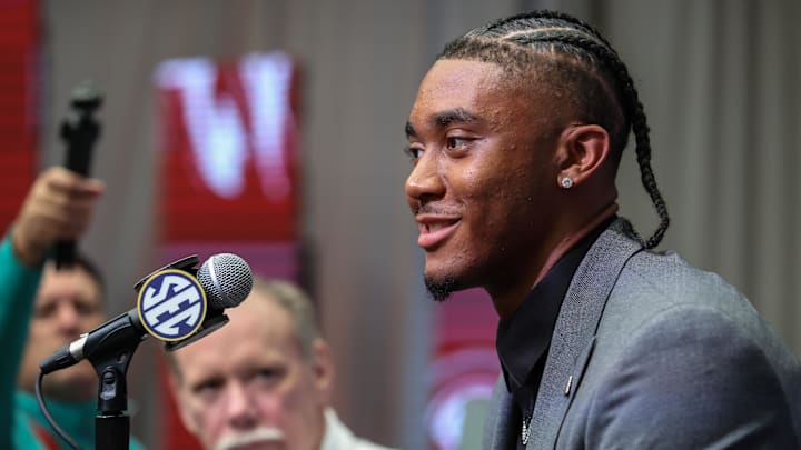 Jul 17, 2025; Atlanta, GA, USA; Arkansas Razorbacks quarterback Taylen Green answers questions from the media during the SEC Media Days at Omni Atlanta Hotel. Mandatory Credit: Jordan Godfree-Imagn Images