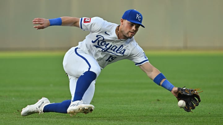 May 21, 2024; Kansas City, Missouri, USA; Kansas City Royals second baseman Michael Massey (19) reaches out for a ground ball in the fourth inning against the Detroit Tigers at Kauffman Stadium. May 21, 2024; Kansas City, Missouri, USA; Kansas City Royals second baseman Michael Massey (19) reaches out for a ground ball in the fourth inning against the Detroit Tigers at Kauffman Stadium.