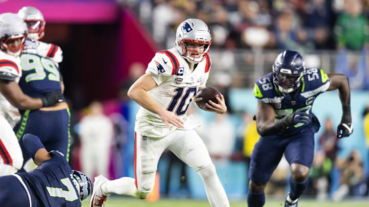 Feb 8, 2026; Santa Clara, CA, USA; New England Patriots quarterback Drake Maye (10) against the Seattle Seahawks during Super Bowl LX at Levi's Stadium. Mandatory Credit: Mark J. Rebilas-Imagn Images