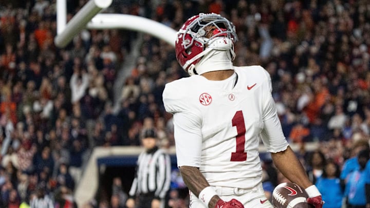 Nov 29, 2025; Auburn, Alabama, USA; Alabama wide receiver Isaiah Horton (1) celebrates after catching his third touchdown pass of the game, giving Alabama a 27-20 lead at Jordan-Hare Stadium. Mandatory Credit: Gary Cosby Jr.-Tuscaloosa News