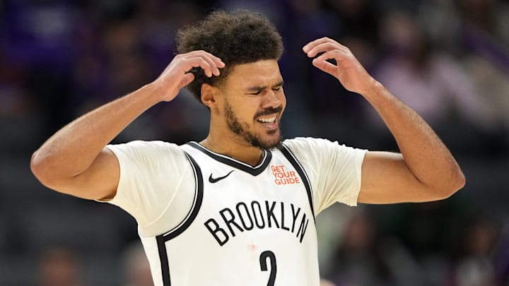 Nov 24, 2024; Sacramento, California, USA; Brooklyn Nets forward Cameron Johnson (2) reacts after a turnover against the Sacramento Kings during the third quarter at Golden 1 Center. Mandatory Credit: Darren Yamashita-Imagn Images