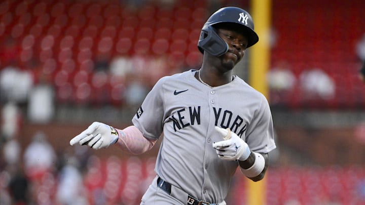 Aug 15, 2025; St. Louis, Missouri, USA; New York Yankees second baseman Jazz Chisholm Jr. (13) reacts as he runs the bases after hitting a two run home run against the St. Louis Cardinals during the first inning at Busch Stadium. Mandatory Credit: Jeff Curry-Imagn Images Aug 15, 2025; St. Louis, Missouri, USA; New York Yankees second baseman Jazz Chisholm Jr. (13) reacts as he runs the bases after hitting a two run home run against the St. Louis Cardinals during the first inning at Busch Stadium. Mandatory Credit: Jeff Curry-Imagn Images