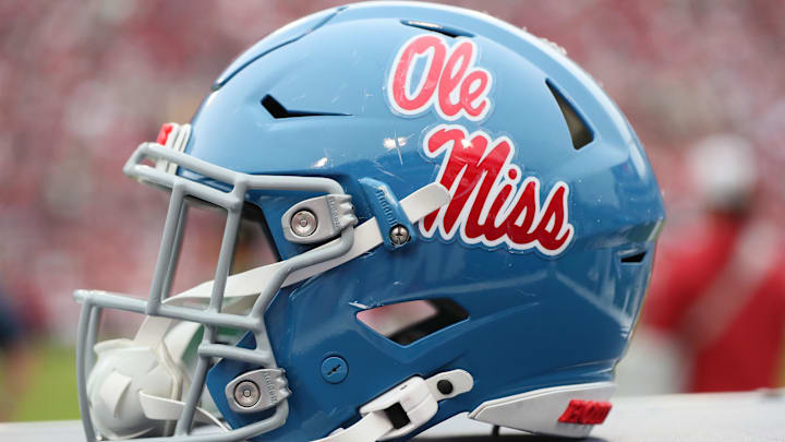 Nov 2, 2024; Fayetteville, Arkansas, USA; Ole Miss Rebels helmet during the game against the Arkansas Razorbacks at Donald W. Reynolds Razorback Stadium. Mississippi won 63-31. Mandatory Credit: Nelson Chenault-Imagn Images Nov 2, 2024; Fayetteville, Arkansas, USA; Ole Miss Rebels helmet during the game against the Arkansas Razorbacks at Donald W. Reynolds Razorback Stadium. Mississippi won 63-31. Mandatory Credit: Nelson Chenault-Imagn Images