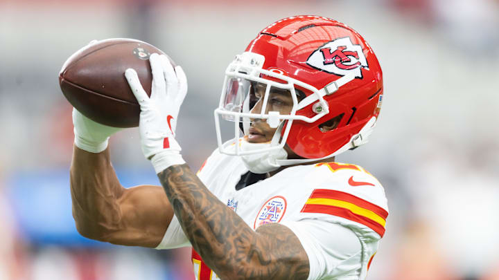 Aug 9, 2025; Glendale, Arizona, USA; Kansas City Chiefs cornerback Trent McDuffie (22) against the Arizona Cardinals during a preseason NFL game at State Farm Stadium. Mandatory Credit: Mark J. Rebilas-Imagn Images