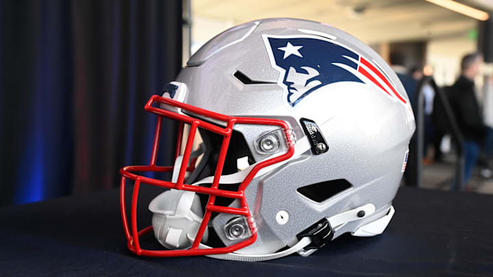 Jan 17, 2024; Foxborough, MA, USA; A New England Patriots helmet sits on a table at Gillette Stadium. Mandatory Credit: Eric Canha-Imagn Images