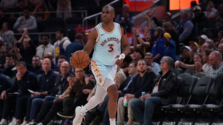 Apr 9, 2025; San Francisco, California, USA; San Antonio Spurs guard Chris Paul (3) dribbles upcourt against the Golden State Warriors in the third quarter at Chase Center. Mandatory Credit: David Gonzales-Imagn Images Apr 9, 2025; San Francisco, California, USA; San Antonio Spurs guard Chris Paul (3) dribbles upcourt against the Golden State Warriors in the third quarter at Chase Center. Mandatory Credit: David Gonzales-Imagn Images