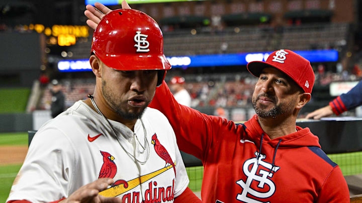 Apr 14, 2025; St. Louis, Missouri, USA; St. Louis Cardinals first baseman Willson Contreras (40) is congratulated by manager Oliver Marmol (37) after he scored against the Houston Astros during the fifth inning at Busch Stadium. Mandatory Credit: Jeff Curry-Imagn Images Apr 14, 2025; St. Louis, Missouri, USA; St. Louis Cardinals first baseman Willson Contreras (40) is congratulated by manager Oliver Marmol (37) after he scored against the Houston Astros during the fifth inning at Busch Stadium. Mandatory Credit: Jeff Curry-Imagn Images
