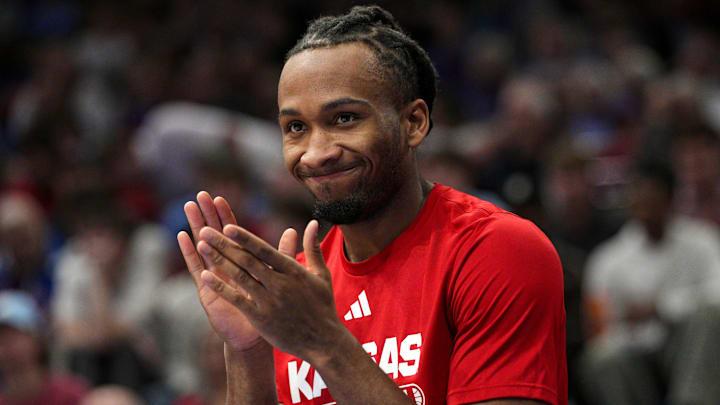 Oct 28, 2025; Lawrence, KS, USA; Kansas Jayhawks guard Darryn Peterson (22) reacts during the second half against the Fort Hays State Tigers at Allen Fieldhouse. Mandatory Credit: Jay Biggerstaff-Imagn Images Oct 28, 2025; Lawrence, KS, USA; Kansas Jayhawks guard Darryn Peterson (22) reacts during the second half against the Fort Hays State Tigers at Allen Fieldhouse. Mandatory Credit: Jay Biggerstaff-Imagn Images