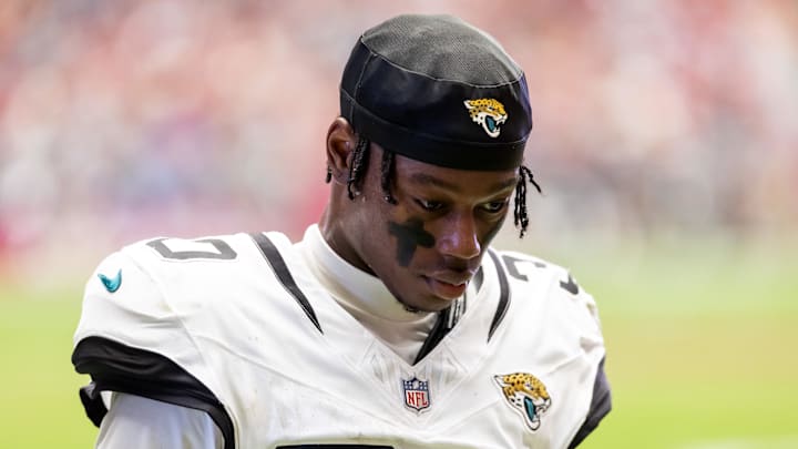 Nov 23, 2025; Glendale, Arizona, USA; Jacksonville Jaguars cornerback Montaric Brown (30) against the Arizona Cardinals at State Farm Stadium. Mandatory Credit: Mark J. Rebilas-Imagn Images