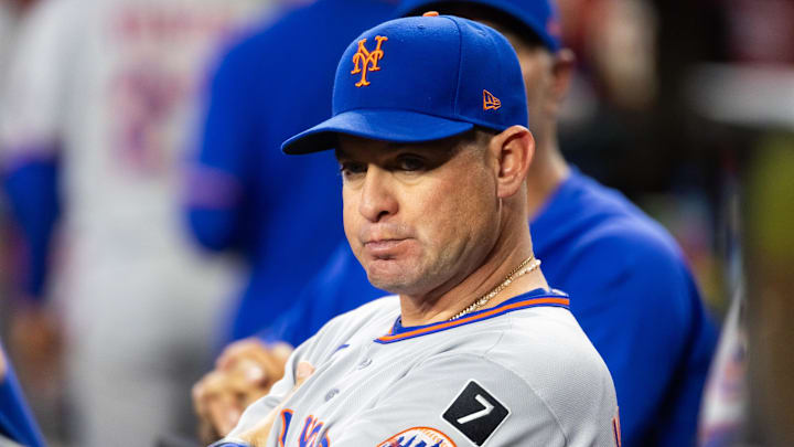 May 5, 2025; Phoenix, Arizona, USA; New York Mets manager Carlos Mendoza in the fifth inning against the Arizona Diamondbacks at Chase Field. Mandatory Credit: Mark J. Rebilas-Imagn Images May 5, 2025; Phoenix, Arizona, USA; New York Mets manager Carlos Mendoza in the fifth inning against the Arizona Diamondbacks at Chase Field. Mandatory Credit: Mark J. Rebilas-Imagn Images