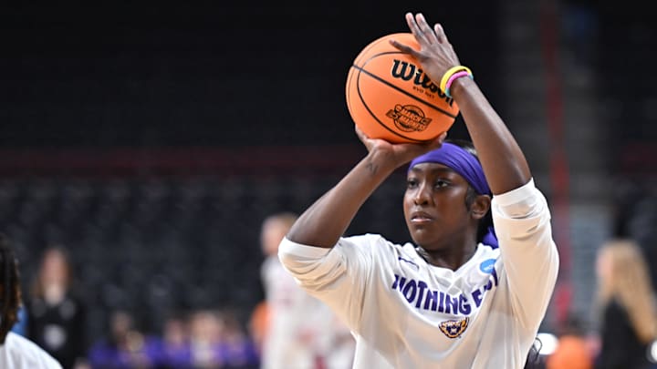 Mar 28, 2025; Spokane, WA, USA; LSU Lady Tigers guard Flau'Jae Johnson (4) warms up during the Sweet 16 NCAA Tournament basketball game at Spokane Arena. Mandatory Credit: James Snook-Imagn Images