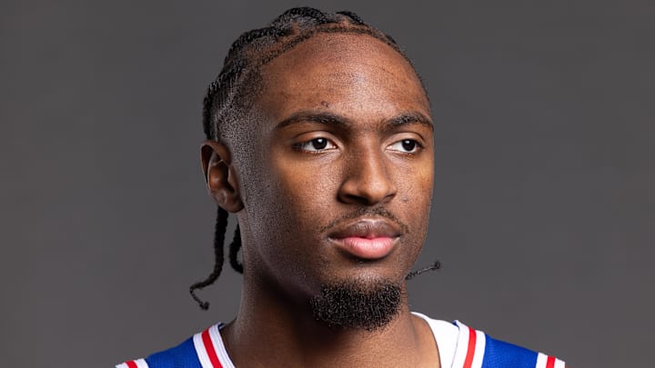 Sep 30, 2024; Camden, NJ, USA; Philadelphia 76ers guard Tyrese Maxey (0) poses for a photo on media day at the Philadelphia 76ers Training Complex. Mandatory Credit: Bill Streicher-Imagn Images Sep 30, 2024; Camden, NJ, USA; Philadelphia 76ers guard Tyrese Maxey (0) poses for a photo on media day at the Philadelphia 76ers Training Complex. Mandatory Credit: Bill Streicher-Imagn Images