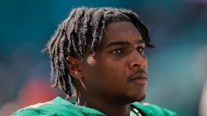 Nov 23, 2024; Miami Gardens, Florida, USA; Miami Hurricanes quarterback Cam Ward (1) looks on form the field before the game against the Wake Forest Demon Deacons at Hard Rock Stadium. Mandatory Credit: Sam Navarro-Imagn Images