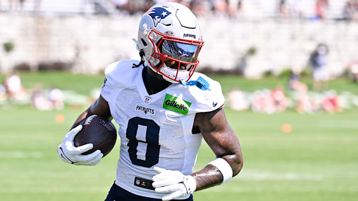 Jul 28, 2025; Foxborough, MA, USA; New England Patriots wide receiver Stefon Diggs (8) runs after the catch during training camp at Gillette Stadium.