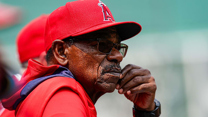 Jun 4, 2025; Boston, Massachusetts, USA; Los Angeles Angels manager Ron Washington (37) watches from the dugout against the Boston Red Sox in the first inning at Fenway Park. Mandatory Credit: David Butler II-Imagn Images