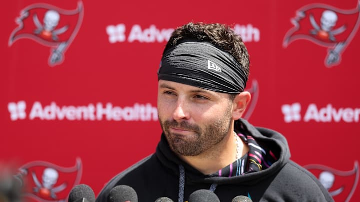 Jun 10, 2025; Tampa Bay, FL, USA; Tampa Bay Buccaneers quarterback Baker Mayfield (6) gives a press conference after mini camp at AdventHealth Training Center. Mandatory Credit: Nathan Ray Seebeck-Imagn Images Jun 10, 2025; Tampa Bay, FL, USA; Tampa Bay Buccaneers quarterback Baker Mayfield (6) gives a press conference after mini camp at AdventHealth Training Center. Mandatory Credit: Nathan Ray Seebeck-Imagn Images