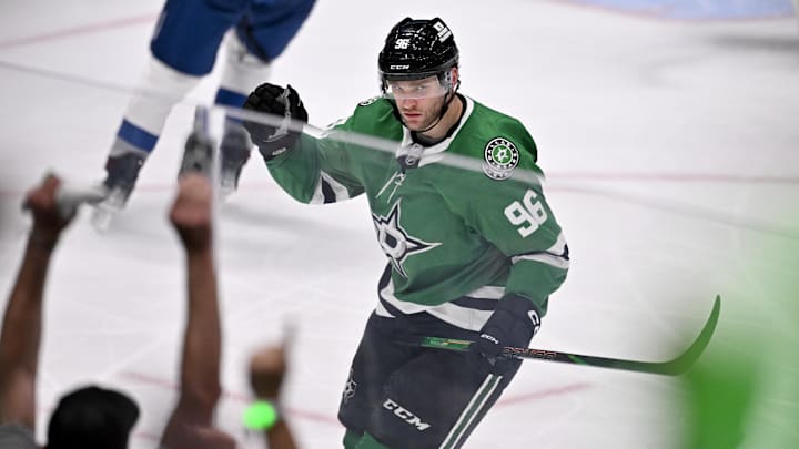 May 3, 2025; Dallas, Texas, USA; Dallas Stars right wing Mikko Rantanen (96) celebrates after he scores a goal against the Colorado Avalanche in Game 7. Mandatory Credit: Jerome Miron-Imagn Images
