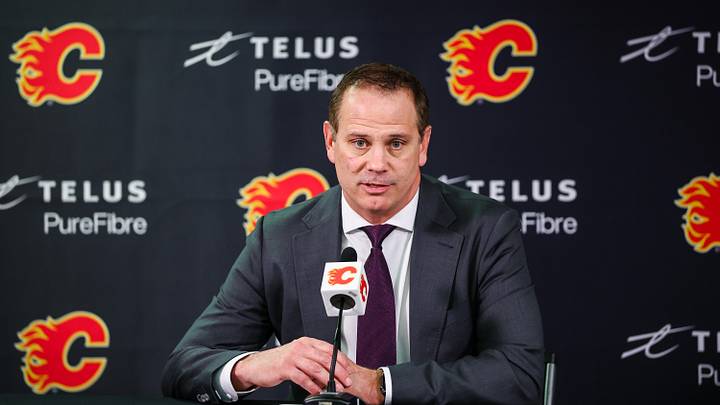 Jan 30, 2025; Calgary, Alberta, CAN; Calgary Flames general manager Craig Conroy during interview after the game against the Anaheim Ducks at Scotiabank Saddledome. Mandatory Credit: Sergei Belski-Imagn Images