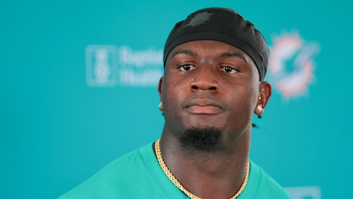 Miami Dolphins linebacker Willie Gay speaks to reporters