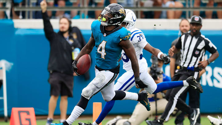 Jacksonville Jaguars running back Tank Bigsby outpaces Indianapolis Colts cornerback Samuel Womack III for a TD last week. Jacksonville Jaguars running back Tank Bigsby outpaces Indianapolis Colts cornerback Samuel Womack III for a TD last week.