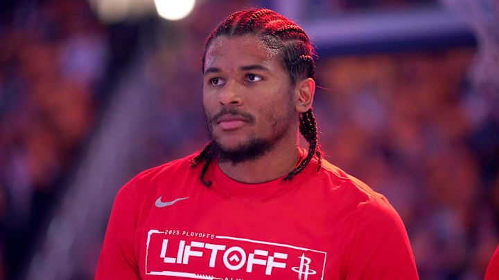 May 2, 2025; San Francisco, California, USA; Houston Rockets guard Jalen Green (4) stands on the court against the Golden State Warriors before the start of game six of the first round for the 2025 NBA Playoffs at Chase Center. Mandatory Credit: Cary Edmondson-Imagn Images