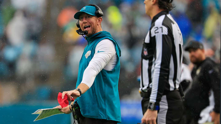 Jacksonville Jaguars head coach Liam Coen challenges the spot of the down during the fourth quarter of an NFL football game at EverBank Stadium, Sunday, Dec. 7, 2025, in Jacksonville, Fla. The Jaguars defeated the Colts 36-19. [Corey Perrine/Florida Times-Union]