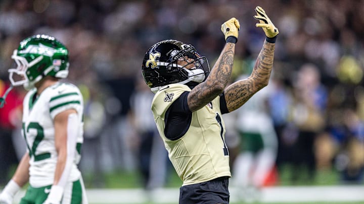 Dec 21, 2025; New Orleans, Louisiana, USA;  New Orleans Saints cornerback Alontae Taylor (1) reacts to sacking New York Jets quarterback Brady Cook (4) during the second half  at Caesars Superdome. Mandatory Credit: Stephen Lew-Imagn Images