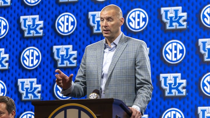 Oct 14, 2025; Birmingham, AL, USA; Kentucky Wildcats head coach Mark Pope talks with the media during SEC Media Days at Grand Bohemian Hotel. Mandatory Credit: Vasha Hunt-Imagn Images