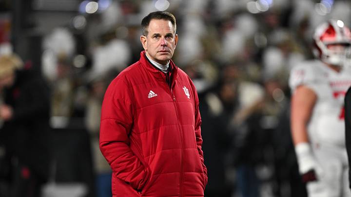 Nov 28, 2025; West Lafayette, Indiana, USA; Indiana Hoosiers head coach Curt Cignetti looks on before the game against the Purdue Boilermakers at Ross-Ade Stadium. Mandatory Credit: Marc Lebryk-Imagn Images
