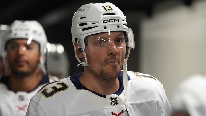 Nov 8, 2025; San Jose, California, USA; Florida Panthers center Sam Reinhart (13) before the game against the San Jose Sharks at SAP Center at San Jose. Mandatory Credit: Darren Yamashita-Imagn Images