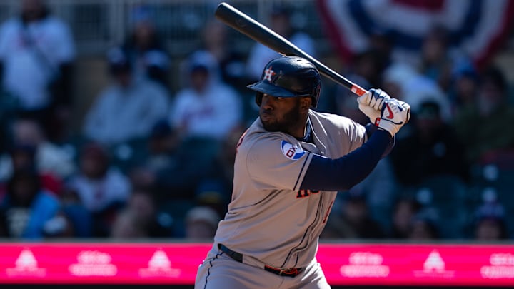 Apr 5, 2025; Minneapolis, Minnesota, USA; Houston Astros designated hitter Yordan Alvarez (44) bats during the seventh inning against the Minnesota Twins at Target Field.