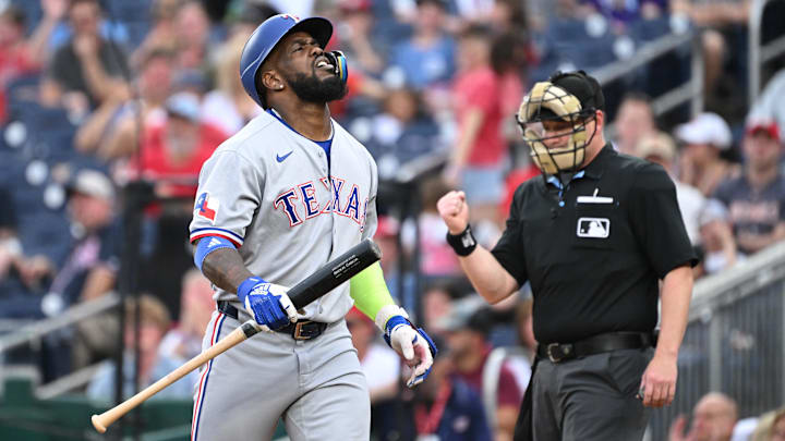 Jun 6, 2025; Washington, District of Columbia, USA; Texas Rangers right fielder Adolis Garcia (53) reacts after striking out during the third inning against the Washington Nationals at Nationals Park.