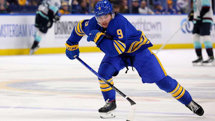 Jan 9, 2024; Buffalo, New York, USA;  Buffalo Sabres left wing Zach Benson (9) skates for a loose