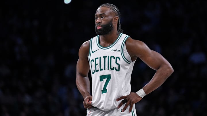 Mar 15, 2025; Brooklyn, New York, USA; Boston Celtics guard Jaylen Brown (7) during a game against the Brooklyn Nets at Barclays Center. Mandatory Credit: John Jones-Imagn Images
