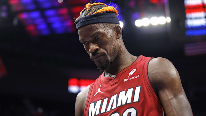 Dec 16, 2024; Detroit, Michigan, USA;  Miami Heat forward Jimmy Butler (22) walks off the court after the game against the Detroit Pistons at Little Caesars Arena. Mandatory Credit: Rick Osentoski-Imagn Images