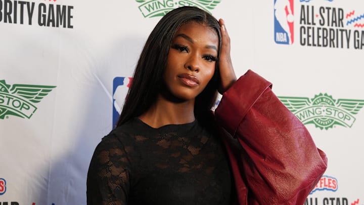 Feb 14, 2025; Oakland, California, USA; Rickea Jackson before the celebrity game ahead of the 2025 NBA All Star Game at Oakland Arena. Mandatory Credit: Darren Yamashita-Imagn Images