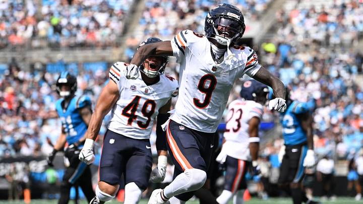 Chicago Bears wide receiver Jahdae Walker (9) reacts in the second quarter against against the Carolina Panthers at Bank of America Stadium.  Mandatory Credit: Bob Donnan-Imagn Images