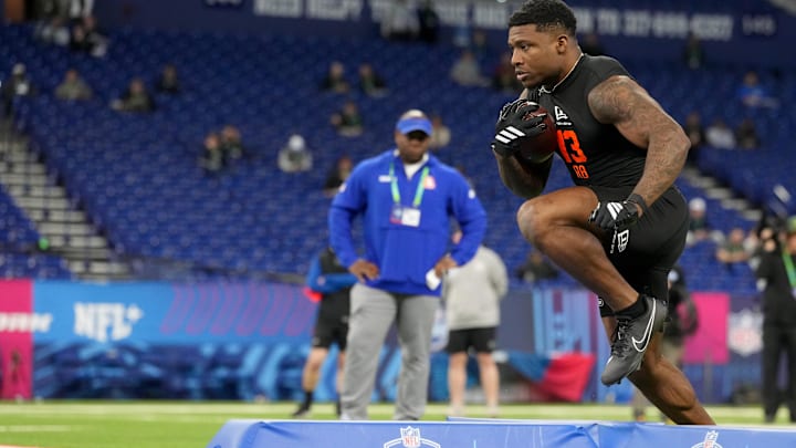 Feb 28, 2026; Indianapolis, IN, USA; Alabama running back Jam Miller (RB13) during the NFL Scouting Combine at Lucas Oil Stadium. Mandatory Credit: Kirby Lee-Imagn Images