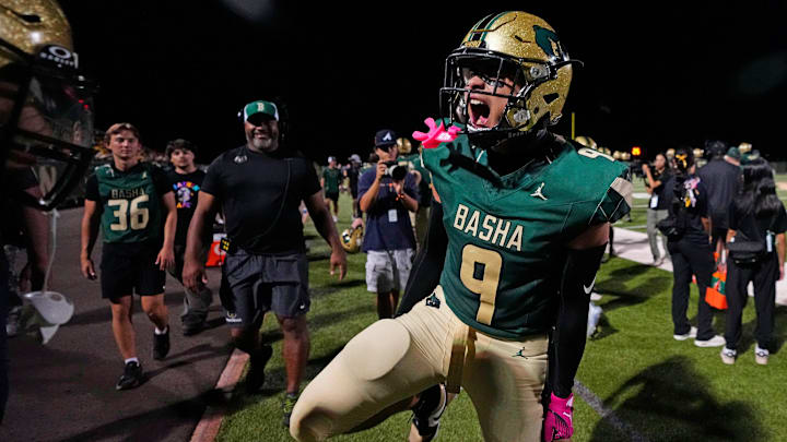 Basha safety screams as he comes to the sidelines following his interception during a game against Orange Lutheran (CA) at Basha High School in Chandler, on Sept. 5, 2025.